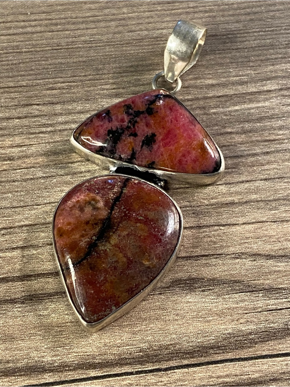 Rhodonite Double Drop Pendant - Pink Stone